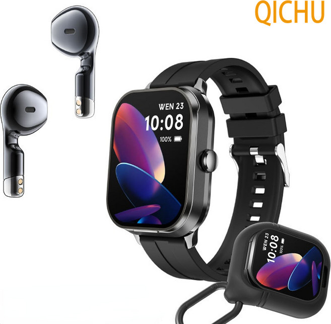 QICHU 업그레이드 버전 한국어 지원 스마트워치 +블루투스 이어폰 내장 풀터치스크린/블루투스통화/자기흡인충전D8Pro, 블랙 실리콘 테이프, 5.056cm, GPS + 블루투스