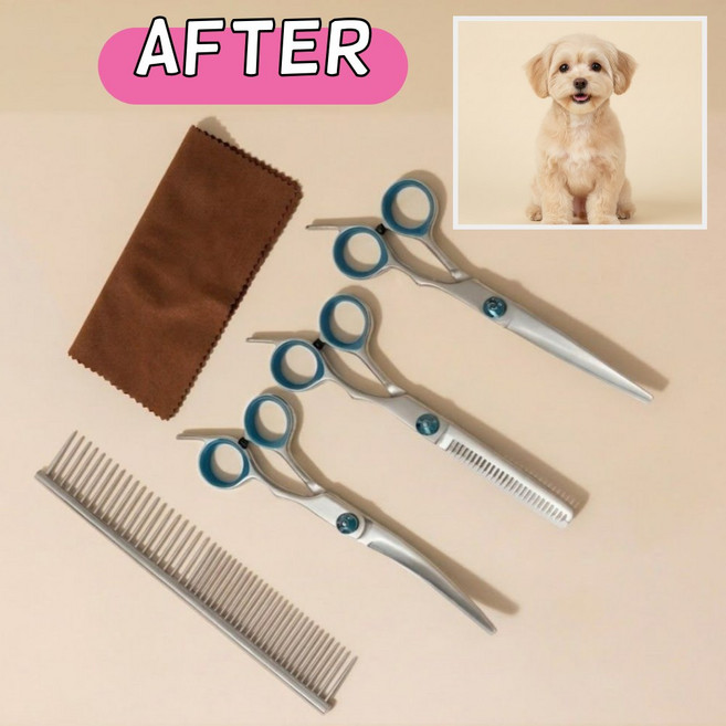 아늬랑 애견 강아지 셀프 미용가위 세트 숱가위 커브형, 1세트, 블루