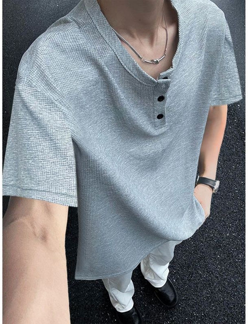 黑色美式亨利領短袖T恤，男款夏華夫格日系潮牌大碼百搭T恤上衣