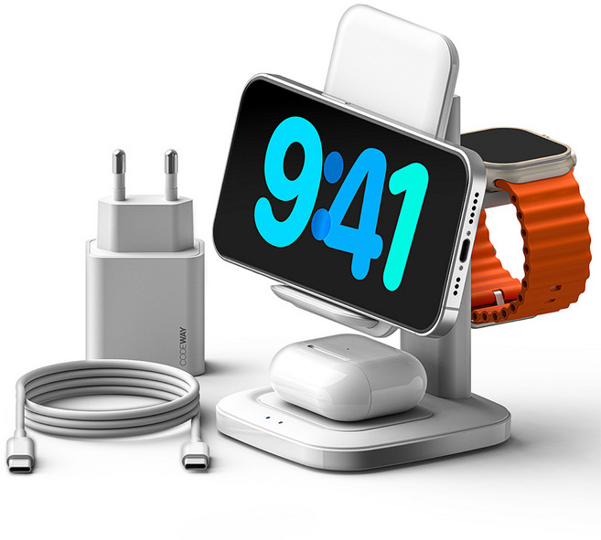 코드웨이 23w 3in1 고속 무선충전기 거치대 애플워치 갤럭시 워치 호환 초고속 충전기 포함, 화이트, 1개