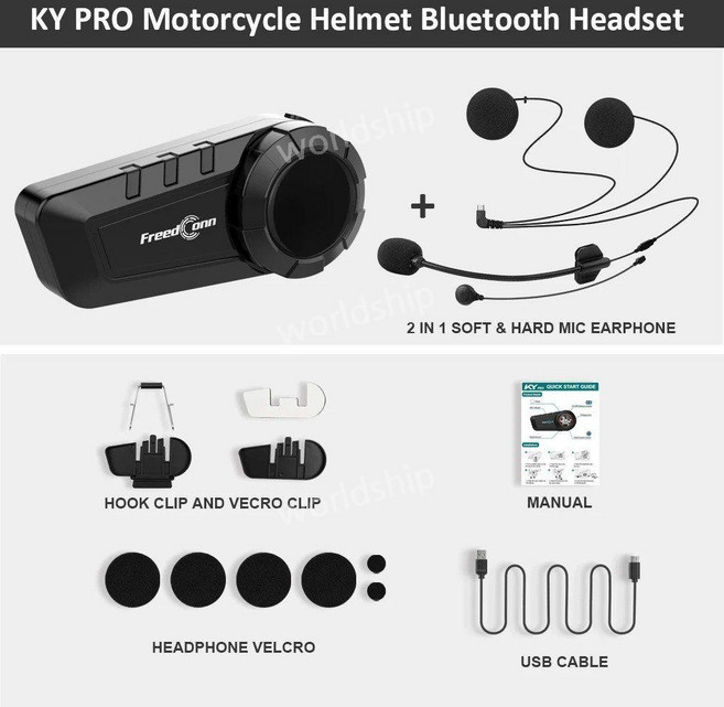 Freedconn KY Pro 오토바이 인터폰 블루투스 헬멧 헤드셋 6 라이더 1000M 모토 그룹 방수, One Set KY Pro, 1개