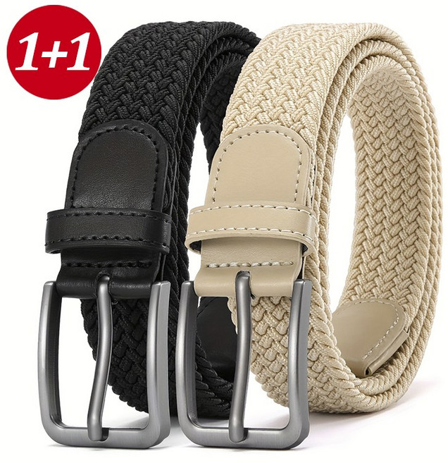 CKIRUV 남녀 공용 캔버스 탄성 벨트, 블랙+카키, 2개