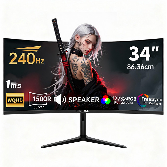 LarmTek 게이밍 모니터 27인치 34인치 49인치 울트라와이드 FHD/QHD/4K/5K 165Hz/240Hz 커브드 화면 고주사율 내장스피커 높이조절 스탠드, 88cm, 34inch 4K 240Hz