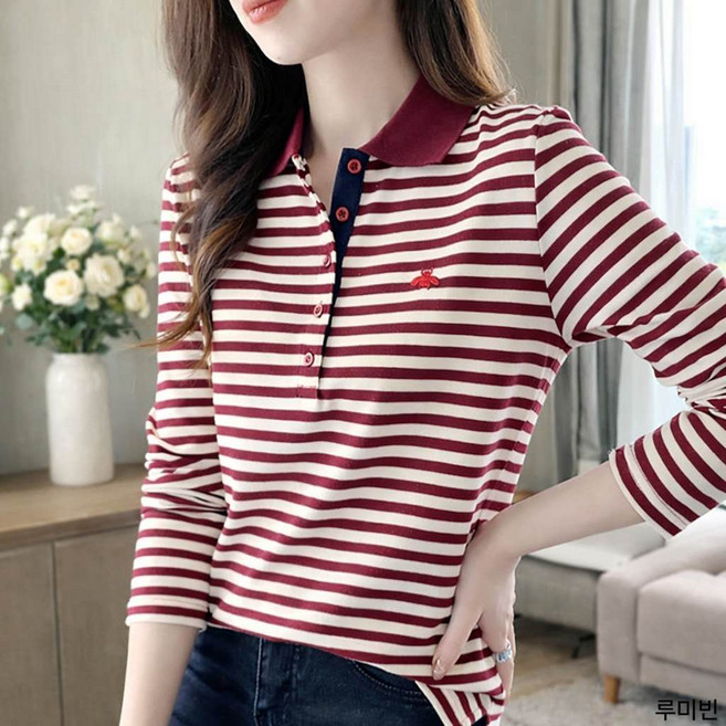 루미빈 여성 순면 스트라이프 카라 긴팔 루즈핏 상의 티셔츠
