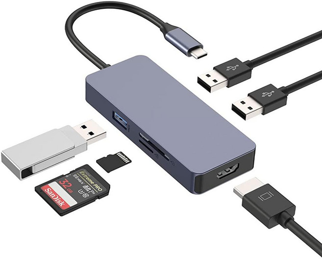 USB C HUB 6 in 1 알루미늄 멀티포트 어댑터 4K HDMI 3.0 2.0 2개 SD/TF 맥북 서피스 프로/고 패드 프로/에어 노트북 및 기타 타입 장, USB C HUB, 6 in 1 알루미늄 멀티포트 어댑, 1개