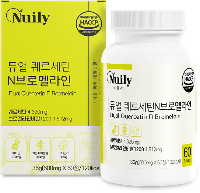 퀘르세틴 브로멜라인 퀘르틴산 파인애플 효소 식물성 플라보노이드 퀘르세톨 QUERCETIN 식약청 식약처 HACCP 인증 케르세틴 에너데이, 1개, 60정