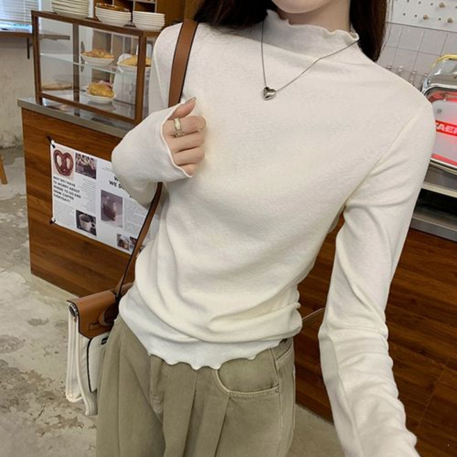 무지 하이넥 반목 목폴라 얇은 슬림핏 이너 긴팔티 흰티 핑크 와인 물결 여성 간절기