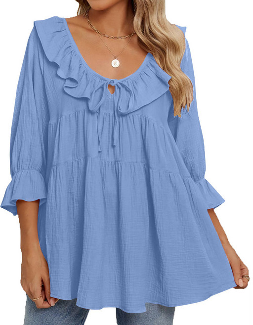 PETITBATH여성 프릴 넥리본 긴소매 루즈핏 데일리 플레어 블라우스 셔링디테일 A라인실루엣 WZS51011