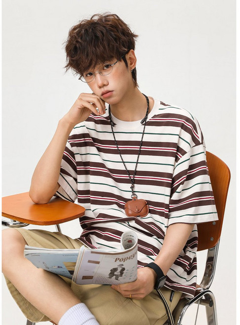 유루 남성용 세미오버핏 단가라 스트라이프 반팔 티셔츠 / OT7286