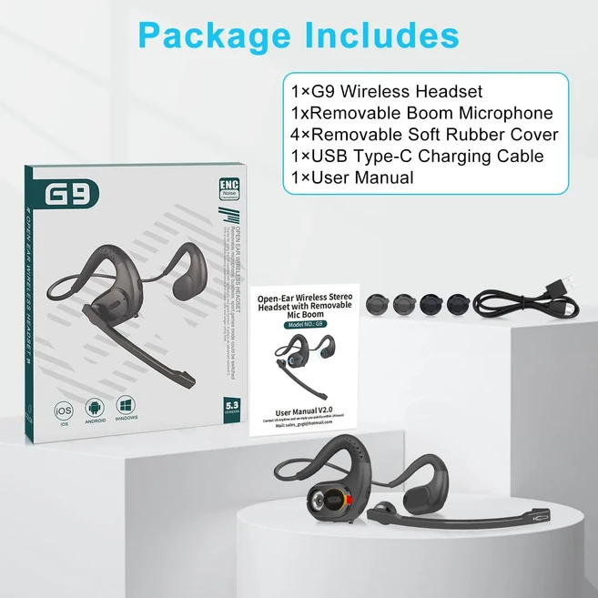 분리형 마이크가 포함된 Bluetooth 헤드셋 멀티포인트 무선 통화용 DSP 소음 제거 오픈 이어 헤드폰, 01 검정색