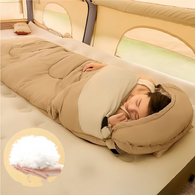 동계 침낭 휴대용 방수 소프트 캠핑침낭 동계 이불 압축 침낭 사계절용 침낭 고급 봉투형 침낭 후드 2kg+ 수납가방, 카멜, 1개