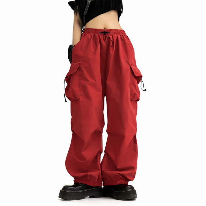 차쿠 남녀공용 와이드 카고 바지 통바지 와이드 캐주얼 카고 팬츠 밑단 조걸 스토퍼