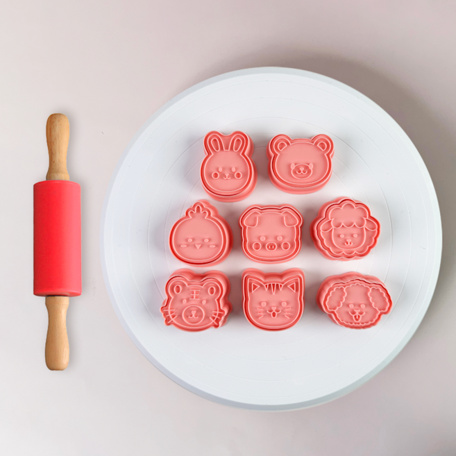 캐롯캐롯 동물얼굴 쿠키틀 클레이몰드 베이킹도구 8종 (밀대 증정), 핑크, 1개
