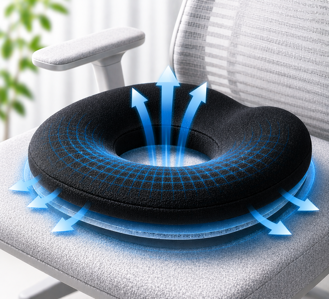 더프레즌트 이중탄성 통기성 체중분산 도넛 방석, 1개, 블랙