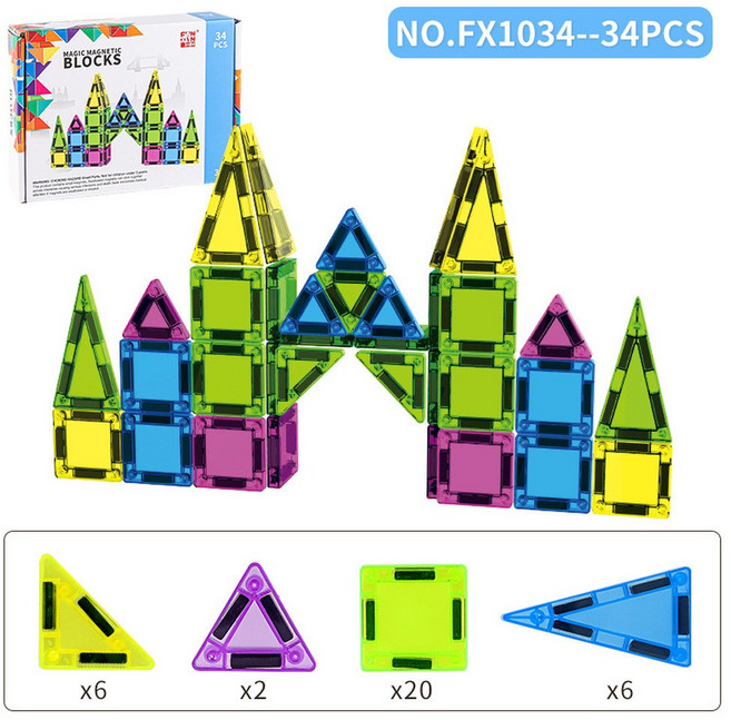 FUN LAND 彩窗磁力片 28片, FX1034迷你磁力片34pcs 彩盒包裝 357.6g, 1個