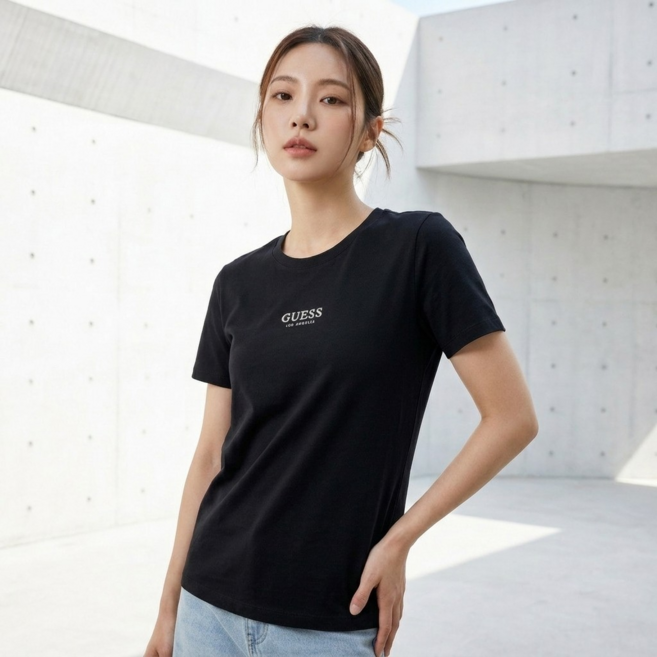 GUESS 게스 여성 티셔츠 반팔티 샤이니 미니로고 라운드넥 데일리 반팔