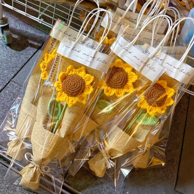 으로마켓 기념선물 해바라기 한송이 뜨개 꽃다발+쇼핑백, 1개, 투명
