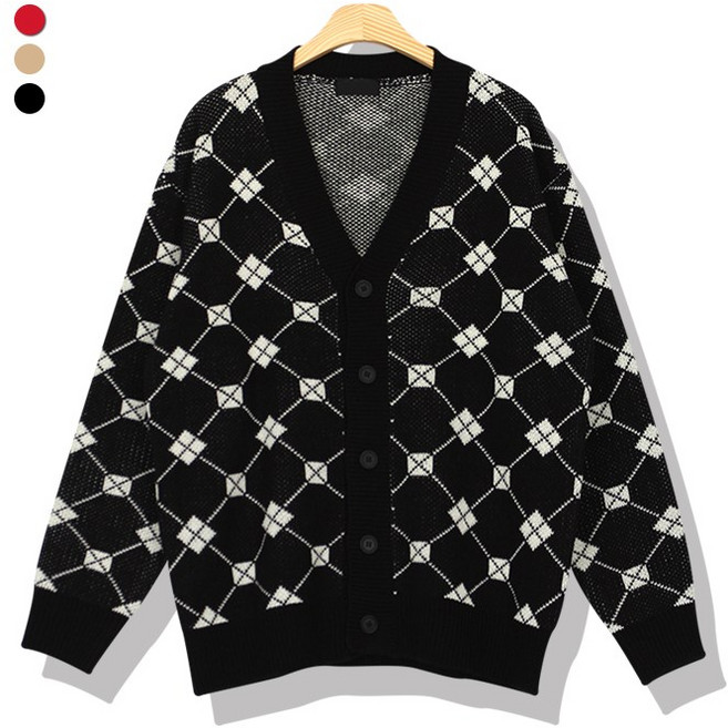 오마보이 남자 다이아패턴 체크 박스 가디건