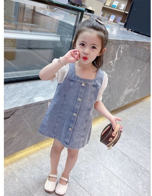 女童牛仔假兩件式洋裝 泡泡袖連身裙