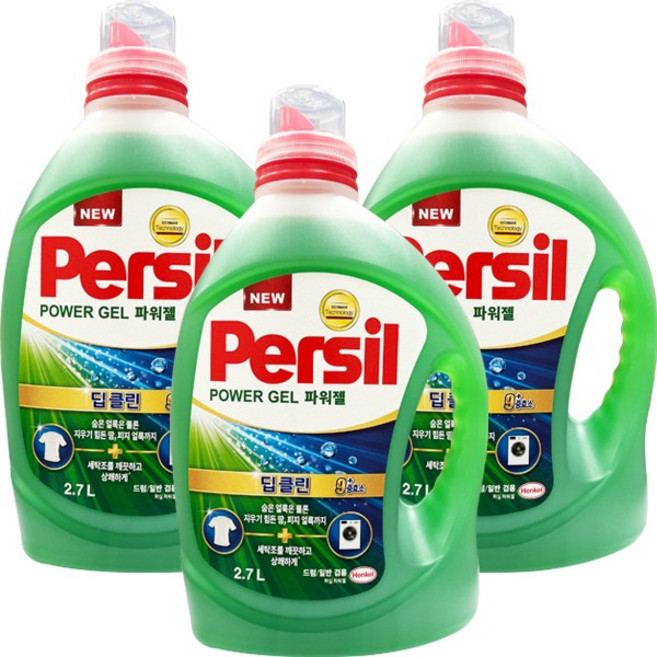 퍼실 딥클린 파워젤 플러스 9중효소 겸용 액상세제 본품, 2.7L, 3개
