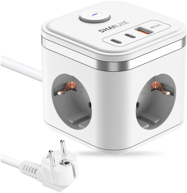 큐브 멀티탭1.8M C타입2개 (Type-c*2)+USB-A PD20W 3구 고용량 멀티탭MINI 멀티탭 16A 3680W, 1개, 하양, 180cm