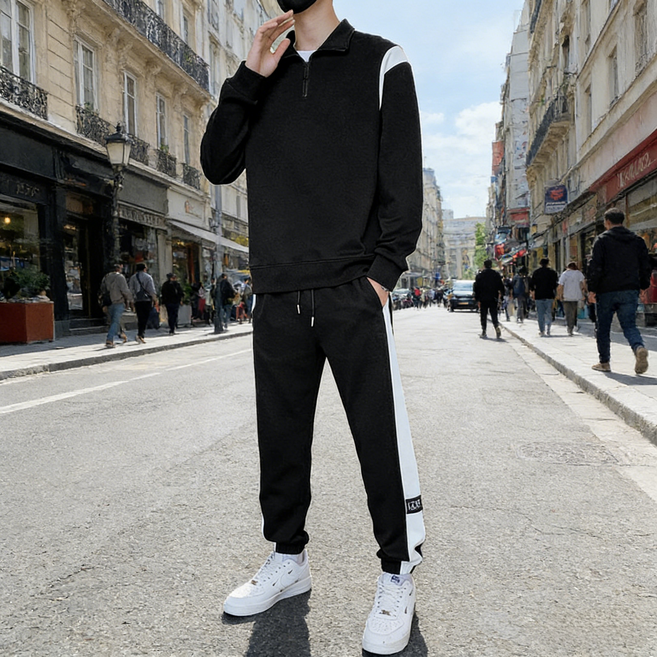 스타일닥터 남자 트레이닝세트 루즈핏 사계절 빅사이즈 트레이닝 운동복 커플룩세트 반집업맨투맨+와이드팬츠