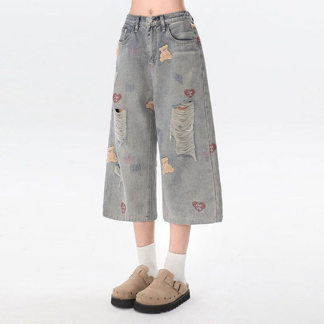 SAHINER 여성 데님 와이드 7부 팬츠 찢어진 자수 여름용 캐주얼 BNZ96