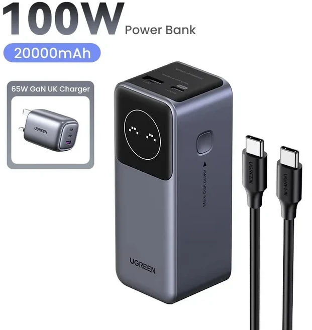 UGREEN Nexode Mini 100W 12000mAh 보조베터리 20000mAh 휴대용 PD iPhone 16 고속 충전용 외장 배터리 보, 01 CHINA, 02 20000mAh UK Bundle