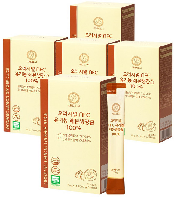 아르디엠 오리지널 NFC 유기농 레몬생강즙 100% 진저샷 레몬 생강, 5박스, 210g