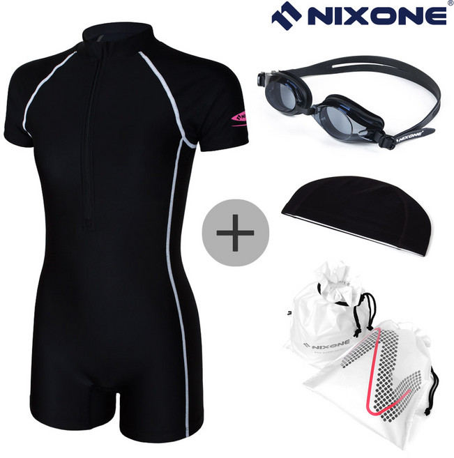 닉스원 여아동 NSJG-2975BK 아쿠아 반신 반팔수영복 4종세트