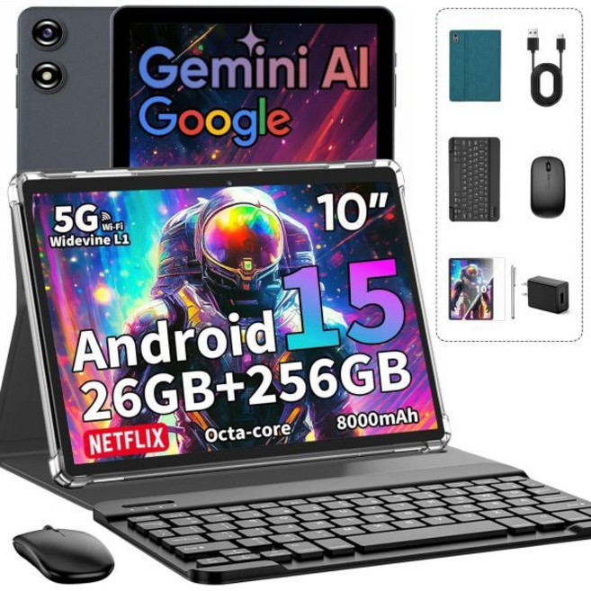 2026년 안드로이드 15 태블릿 키보드 26GB 256GB 2TB 확장 10인치 PC 제미니 AI 옥타코어 8000mAh 5G WiFi 와이드바인 L1 GPS GMS 케이스, Green