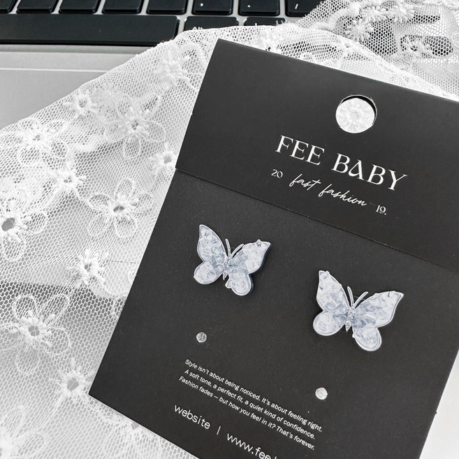 FEE BABY 漸變藍水晶蝴蝶花瓣耳環 925純銀耳針 輕奢氣質飾品