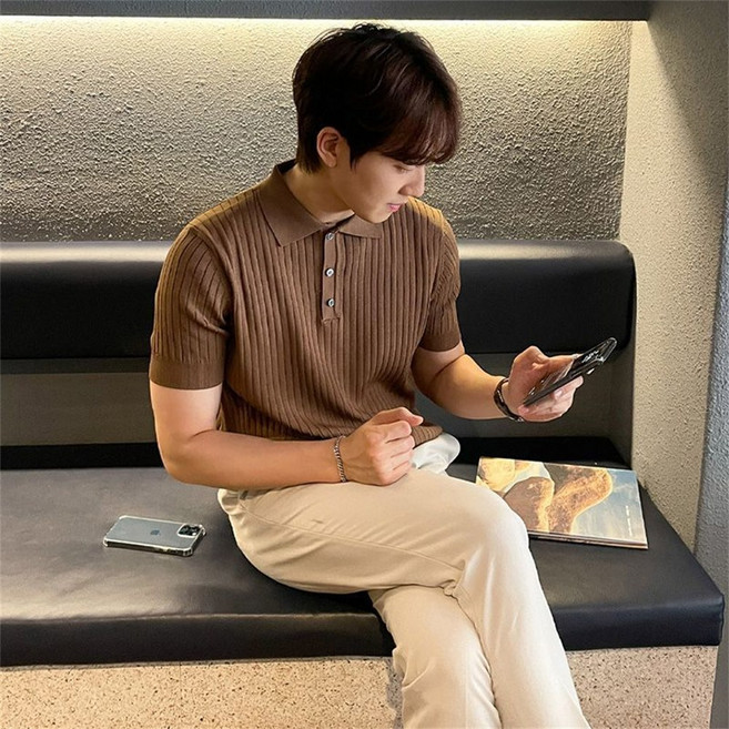 Vezri 남성용 봄가을 니트 반팔 카라티 비즈니스 캐주얼 티