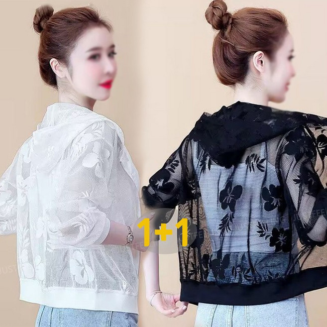 JUSTFEELING 1+1/2자입 여성 봄 여름 자외선차단자켓 패션 망사 시스루 후드자켓 경량 플라워 자수 집업 자켓 점퍼 M-6XL