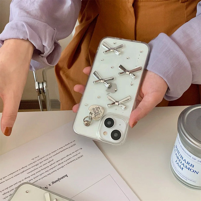 메리앤볼 곰돌이 하트 실버 리본 투명 젤리 실리콘 아이폰 케이스