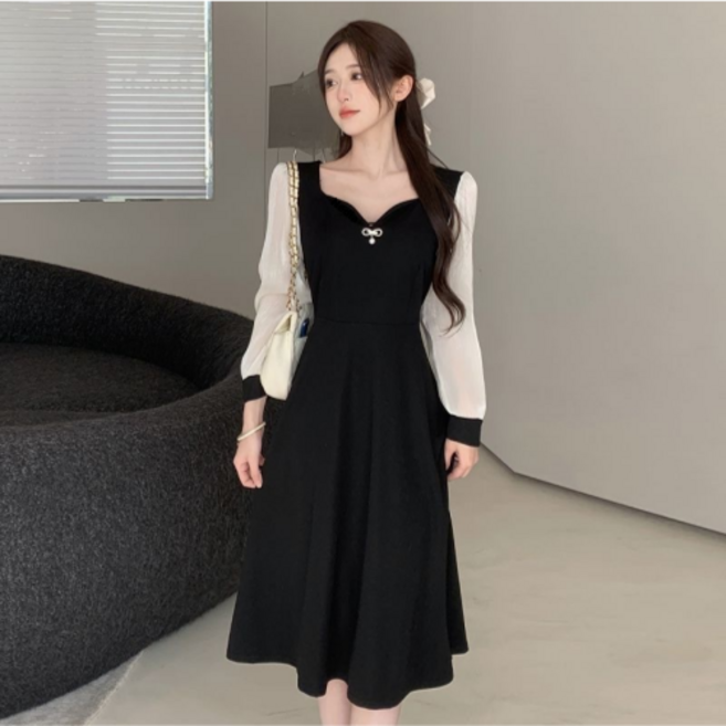 네디아 리본 브로치 긴팔 슬림 미디 원피스 스몰부터 빅사이즈까지 쉬폰 드레스