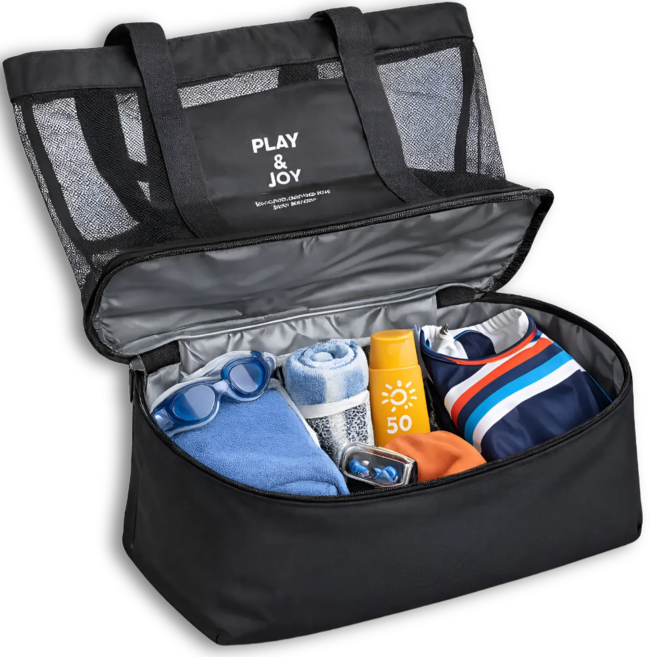 2단 포켓 메쉬 수영 가방, 블랙