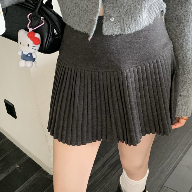 히또리 P0314 하이웨스트 플리츠 에이라인 주름치마 미니 울 스커트