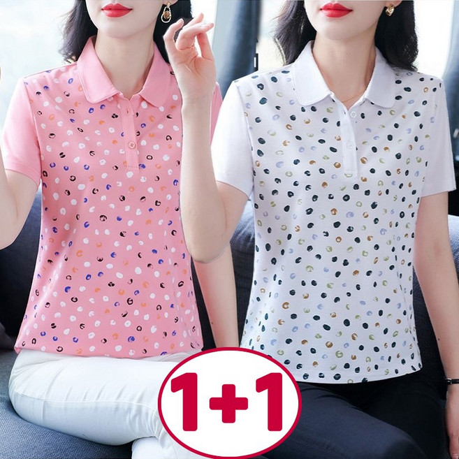 1+1 2장세트 중년 여성 골프 폴로 반팔 티셔츠 여름 골프웨어 캐주얼 슬림핏 이너 상의 카라 반팔티 데일리 엄마옷 빅사이즈