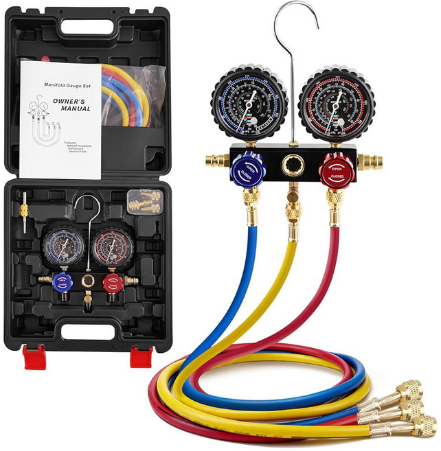 ROGVOC 3방향 R454B AC 게이지 세트 R32 R410A R22 냉매용 HVAC A2L 매니폴드 어댑터 포함 5FT 호스