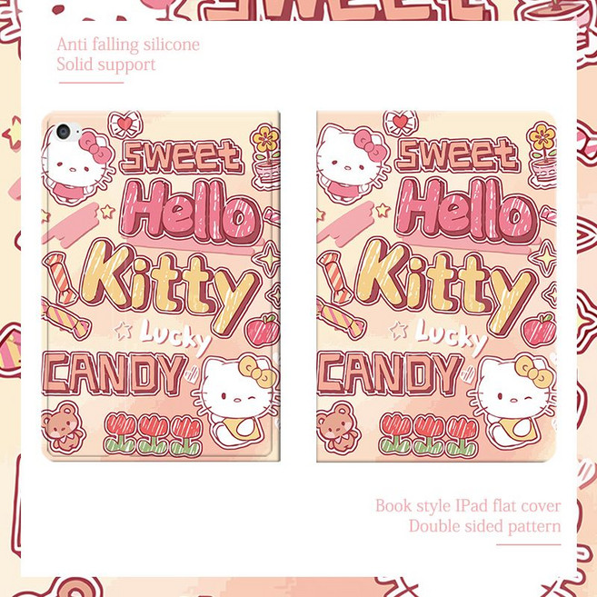 아이패드 적용 호환 케이스 러블리 큐티 헬로키티 캐릭터 애플펜슬 수납 가능 태블릿PC 보호 커버, A