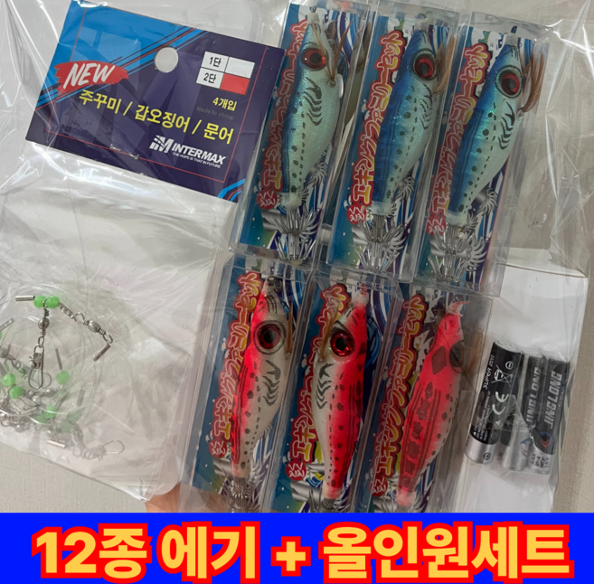 [올인원] 12종 왕눈이에기 + 에기 케이스 + 축광기 + 쭈꾸미채비 세트, 1개, 3g, 혼합색상