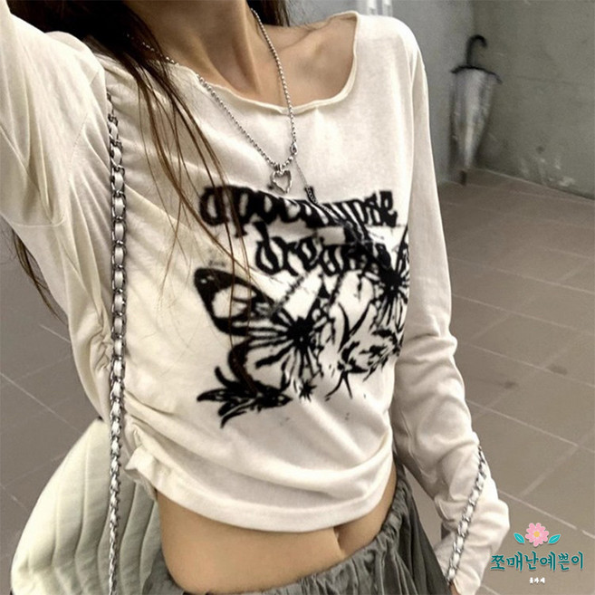 쪼예 Y2k 빈티지 나비 그래픽 슬림 크롭 긴팔 데일리 티셔츠