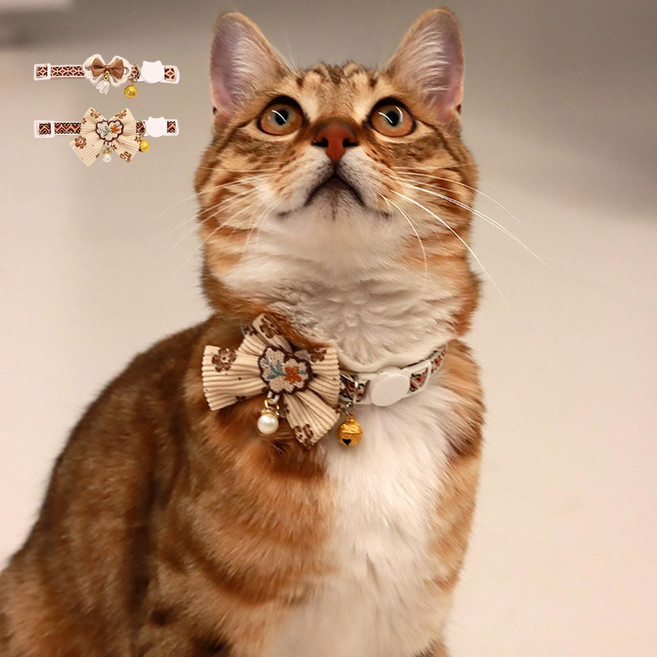 NSION 고양이 목걸이 자수 방울 리본장식 2p, 2개, 브라운