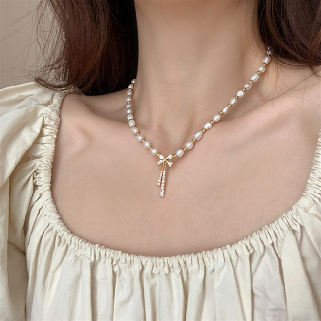 XXMZ 여성 못난이 담수 진주 자개 큐빅 펜던트 태슬 드롭 체인 목걸이