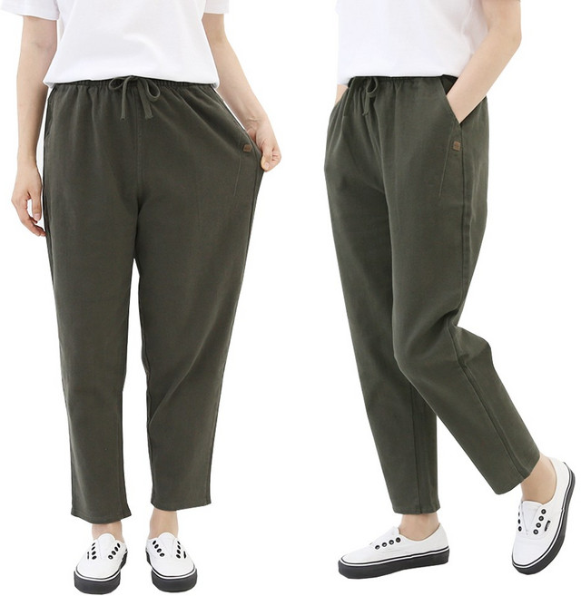 비비진 여성용 워싱 면 배기팬츠 편안한 스판 밴딩 바지 1+1