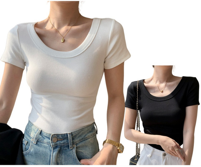 여성 U넥 슬림핏 골지 반팔티 화이트1+블랙1