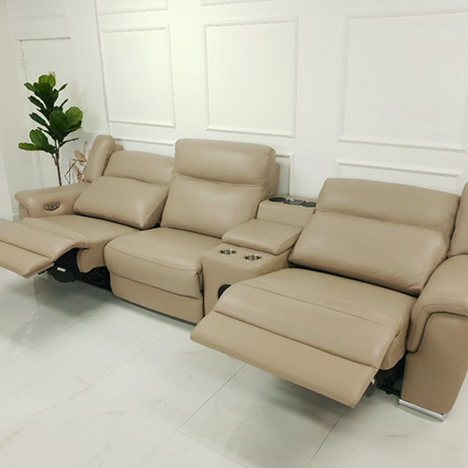 듀얼 리클라이너 황소통가죽 4인소파 가죽소파, 베이지