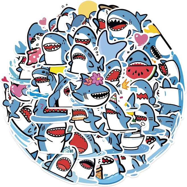 [StudioX] 50P 카와이 상어 고품질 방수 스티커 50P Premium Kawaii Shark Stickers, 1개, 카와이 상어 스티커 팩