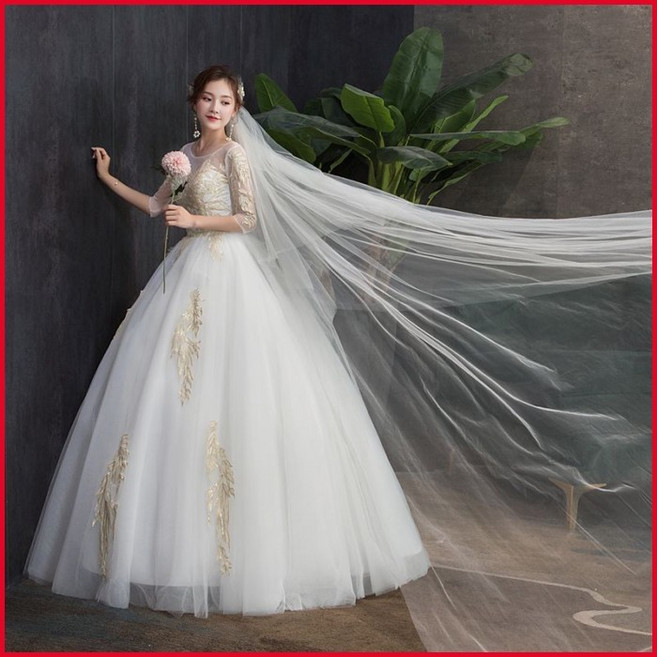 主婚紗 圓領簡約森系超仙夢幻法式淺香檳花小個子禮服, 1個, 單件婚紗(送頭紗),s, N/A